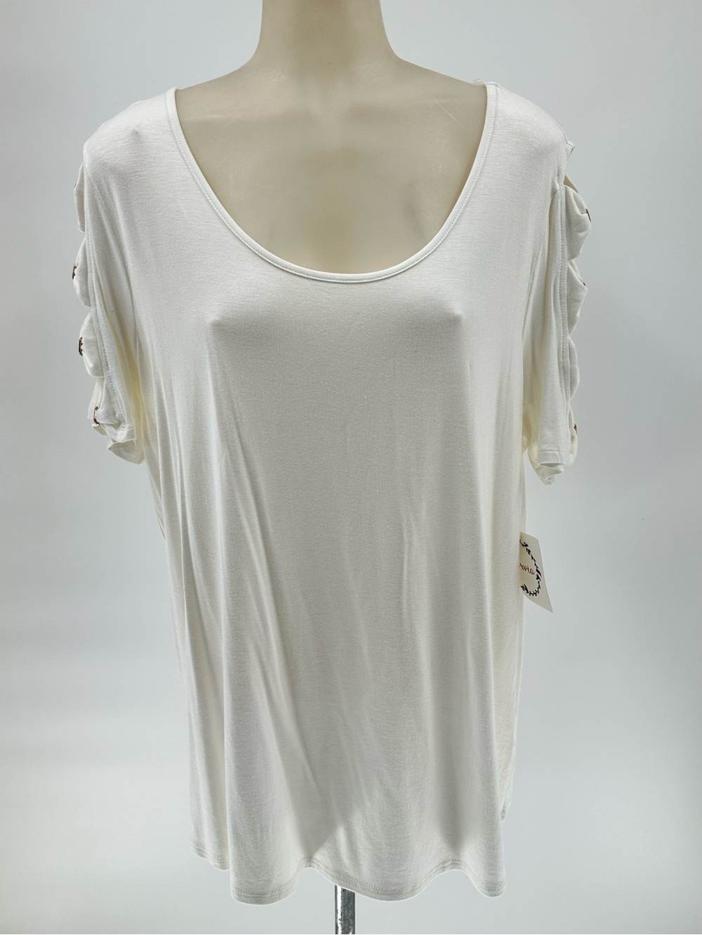 Corvia Women's White Scoop Neck Short Cut-Out Detail Sleeve Top Sz Large